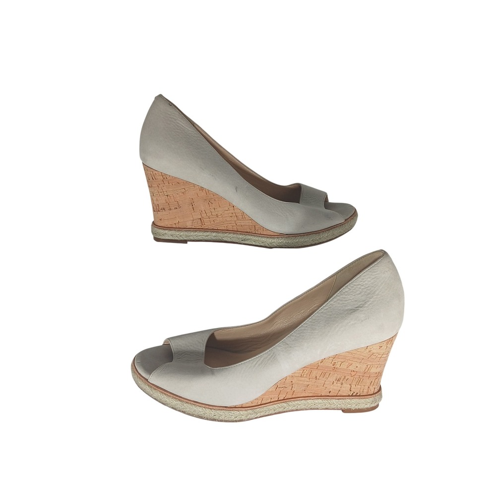 Cole Haan Peep Toe Wedge 9B Cream Leather Cork Espadrille Coastal Summer D30924